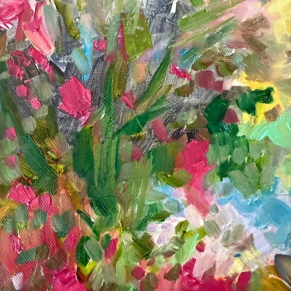 Original oil painting impressionist Monet style spring blossoms mountain